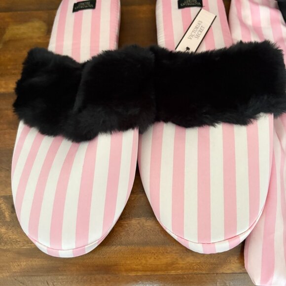 Victoria's Secret Sating Slippers Faux Fur Striped Pink White Black Large (9-10) - Picture 5 of 7